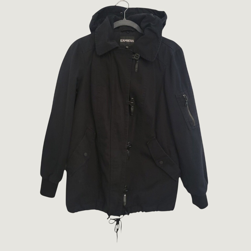 Express Womens XS Black Cotton Lined Hooded Parka Anorak Jacket Heavy Mid Length